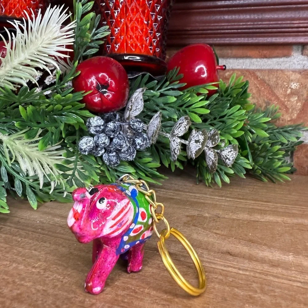 Vintage India Handcrafted Wooden Artisan Colorful Elephant Keychain - Picture 10 of 11